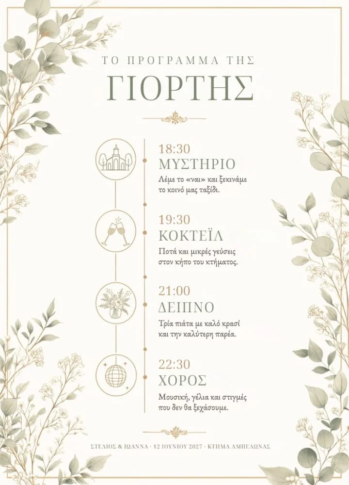 Le programme de la journée de mariage avec des pictogrammes et des feuilles vertes à l'aquarelle