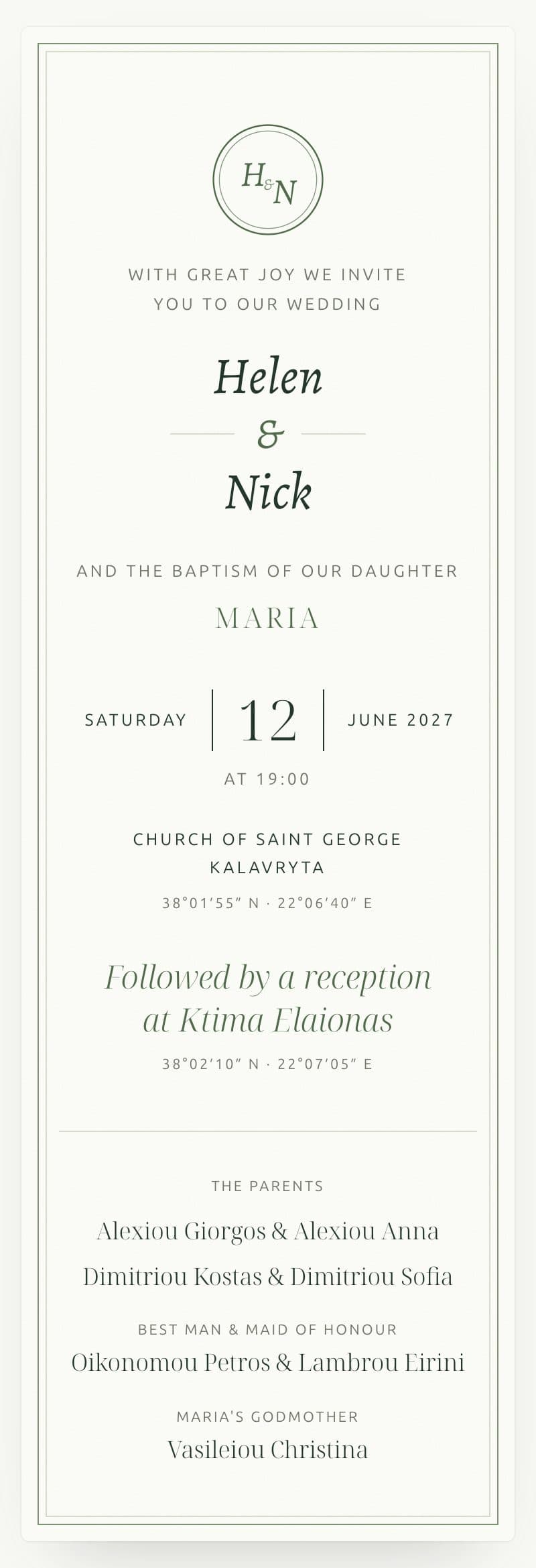 An example invitation on a phone: Helen and Nick, 12 June 2027